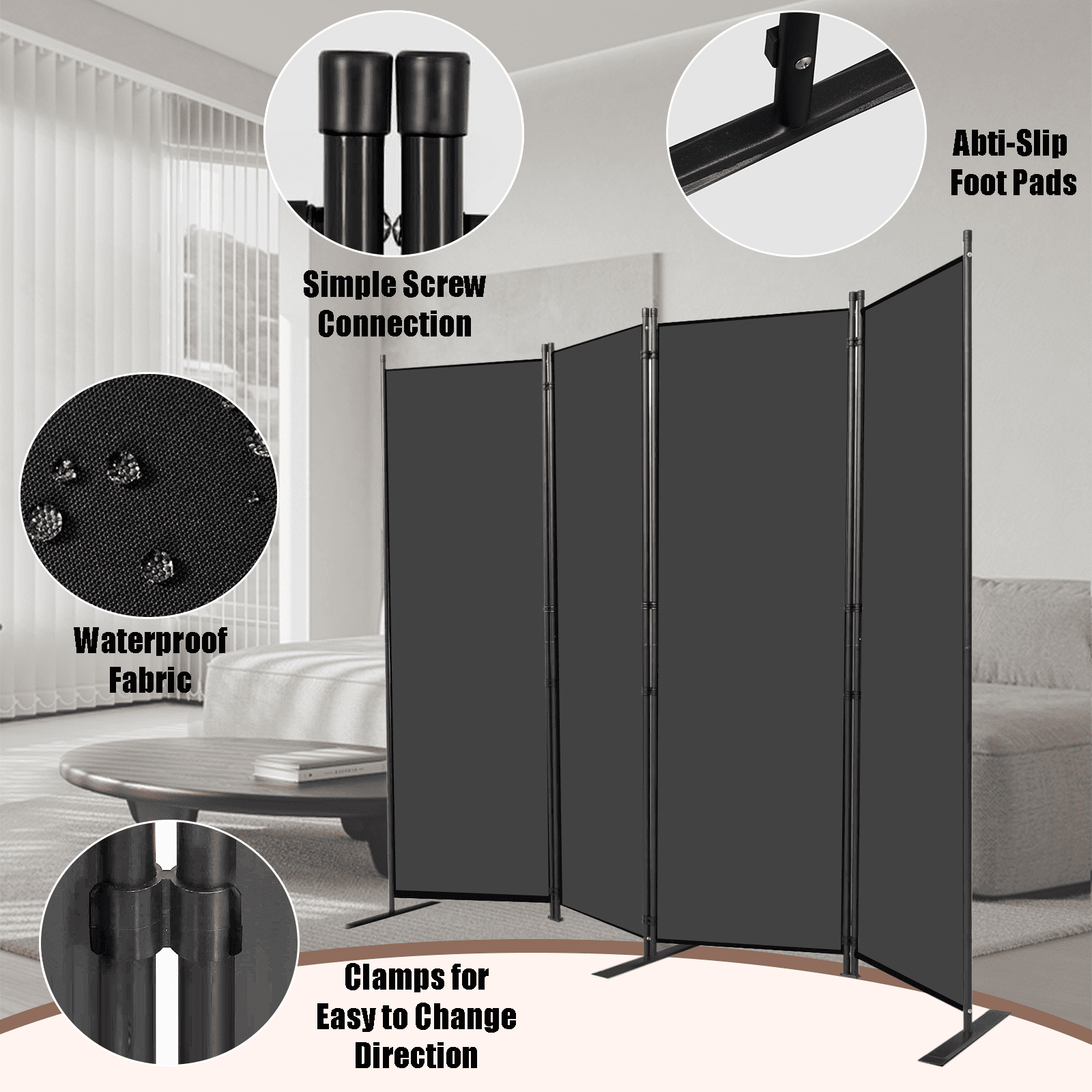 TANGJEAMER Room Divider-4 Panels Folding Privacy Screens, Partition Room Dividers Wall for Separation, Home, Office, Classroom, Studio(Gray)