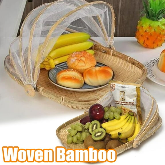 Travelwant Bamboo Tent Basket, Household Foldable Food Mesh Cover, Hand-Woven Container Tray Anti Bug Food Serving Tent Basket, for Family Outdoor Camping,3 Sizes