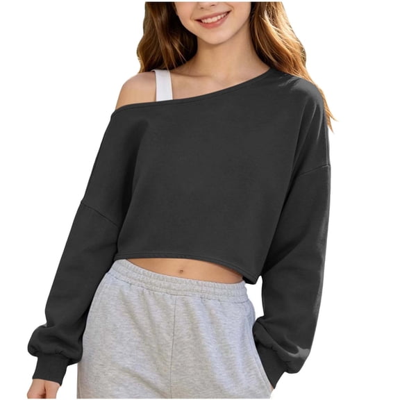 Ohufall 5-15T Girls Sweatshirts Oversized Off Shoulder Crop Long Sleeve Sweatshirt Weekend Outer Casual Top for Kids Toddler