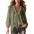 thumbnail image 2 of Helii Womens Tops Women's V Neck Pleated Front Collared Long Sleeve Ruffle Casual Blouse Top, 2 of 5