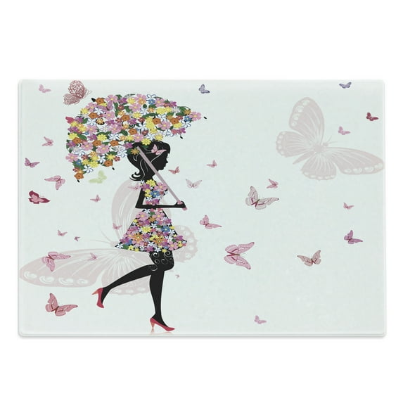 Feminine Cutting Board, Girl with Floral Umbrella and Dress Walking with Butterflies Inspirational Art, Decorative Tempered Glass Cutting and Serving Board, Large Size, Black and Pink, by Ambesonne