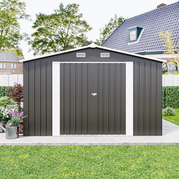Campcraft Outdoor Storage Shed 10×14 FT with 3 Lockable Doors,Durable Garden Shed with 4 Vents for Backyard, Patio, Tool Storage,Dark Grey