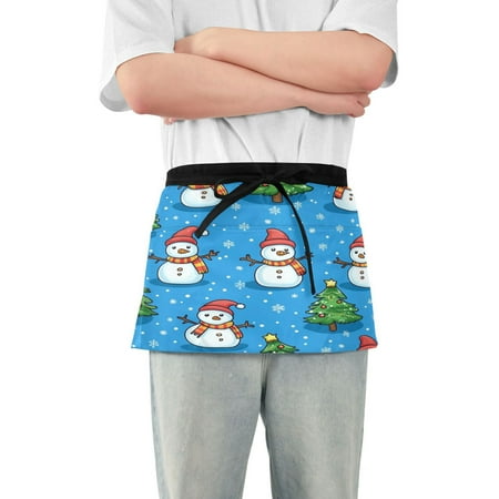 

Cute Cartoon Snowmen Christmas Trees Adult short apron with 3 separate pockets 100% polyester material suitable for restaurant bistro waitresses 25.2×11.8in