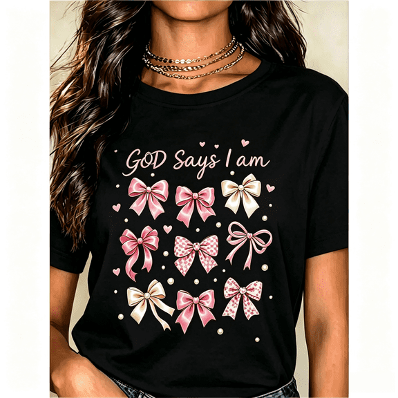 God Says I am Pink Bow Pearl Heart Graphic T-Shirt Women Vintage Coquette Christian Faith Inspirational Short Sleeve Tee
