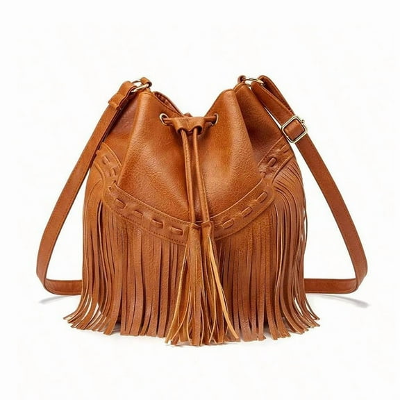 Leather Bucket Bags for Women Crossbody Fringe Purses with Drawstring Ladies Tassel Shoulder Handbags