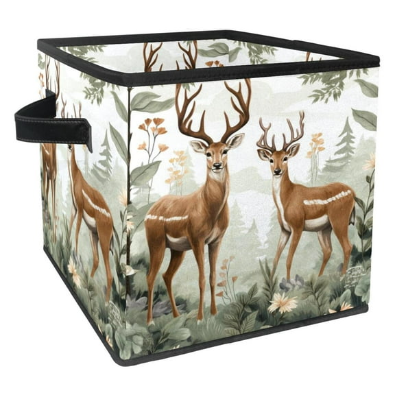 Deer Foldable Toy Box Organizer Bins Storage Cubes with Handle, 10.8"x10.5"x10.6", Large Capacity