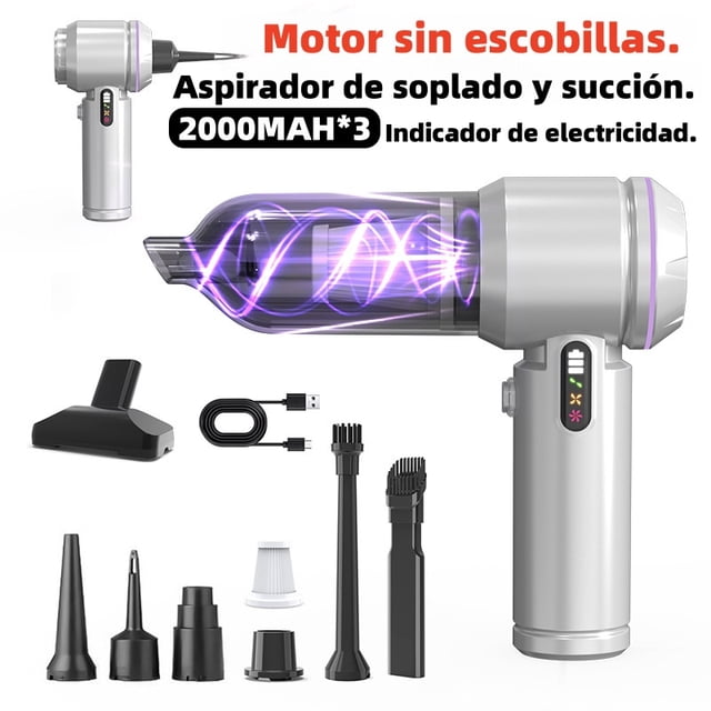 Potente aspiradora de coche de 17000Pa. Motor de cobre sin escobillas. Aspiradora portátil de 7 en 1 con soplo y succión dual. 3 baterías grandes de 2000MAH.