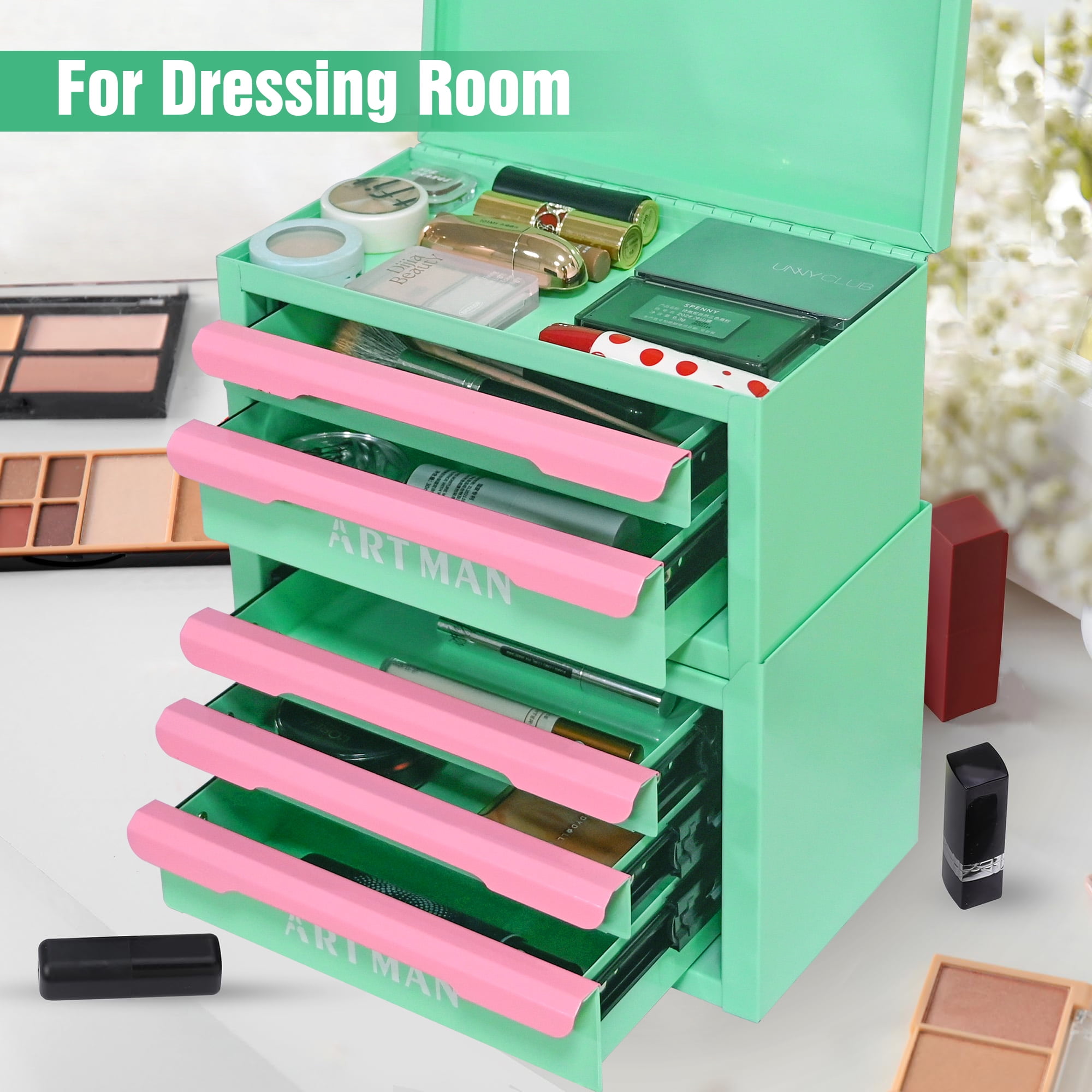 JXXRZ Mini Desktop Storage Box with 5 Drawers, Desk Organizer for Office, Stationery & Cosmetics, Green-Pink