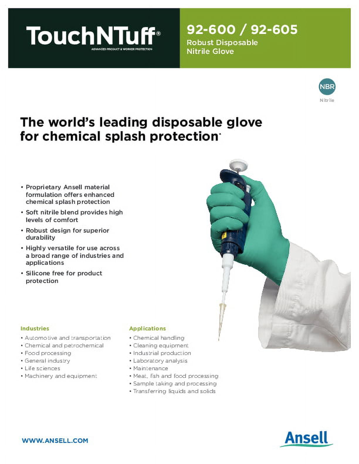 TouchNTuff 92-600 Nitrile Gloves - Disposable, Chemical splash resistant, Size Medium (pack of 100)