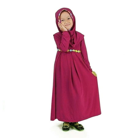 

QISIWOLE Girls Long Sleeve Solid Color Round Neck Dress Lace Turban Two Piece Muslim Children s Clothing rollbacks