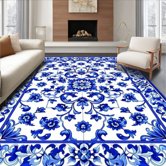 ODIKA 4'x6' Machine Washable Non-Slip Area Rug, Talavera Tile Inspired Decorative Flower Entryway High Traffic Rug, Blue, 57268