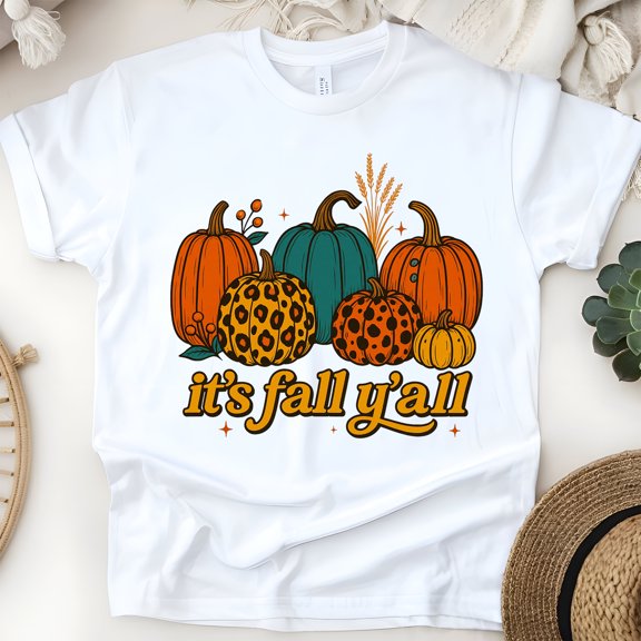 It’s Fall Y’all Pumpkin Graphic T-Shirt Leopard Print Autumn Tee, White, Size S