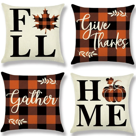 Thanksgiving Pill Covers, Niyattn 18x18 Inches Fall Pillow Covers Autumn Farmhouse Themed Throw Pillowcase Cotton Linen, 4 pcs