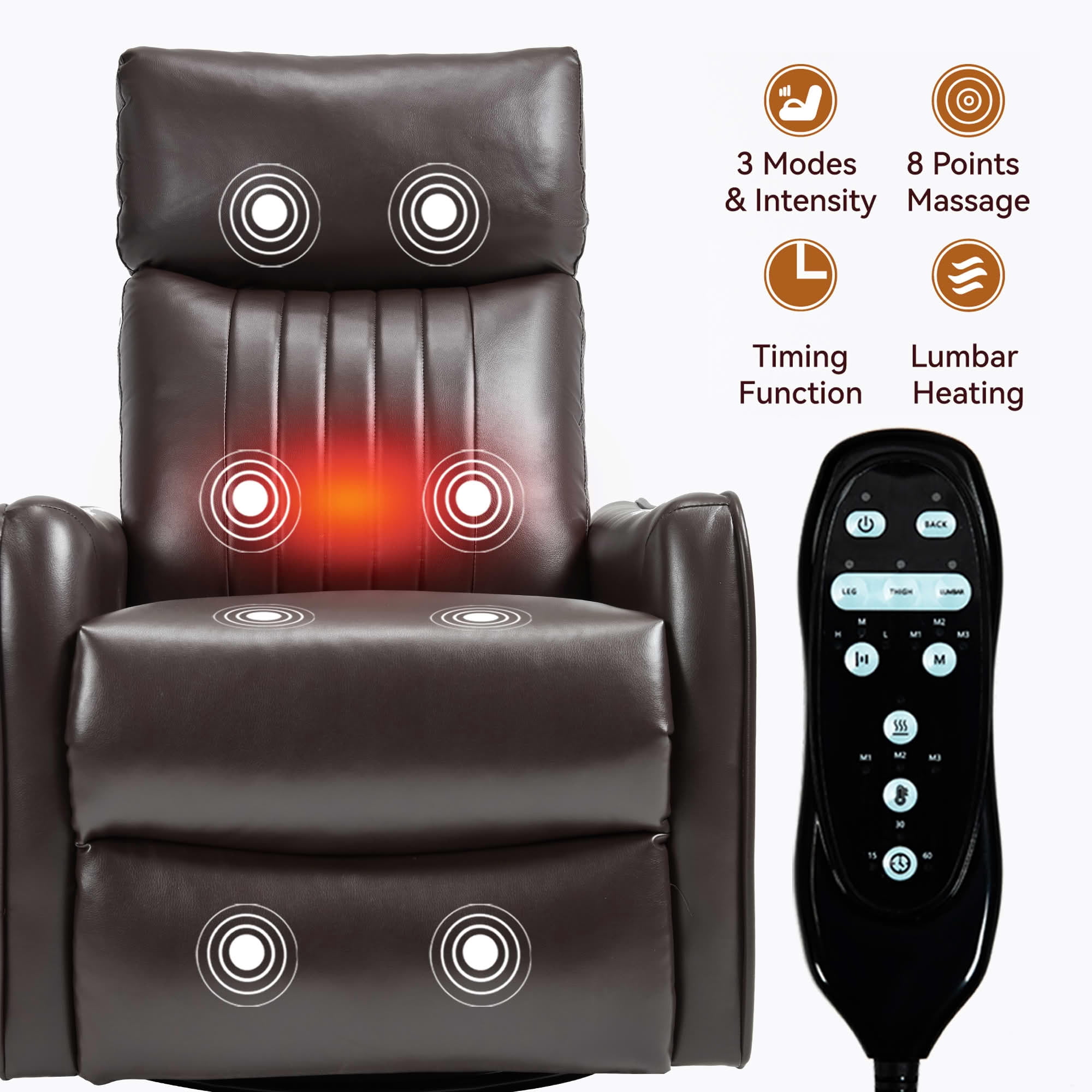MAYEERTY 360° Swivel Rocker 155° Recline Faux Leather Heat Massage Recliner Chair for Living Room, Black