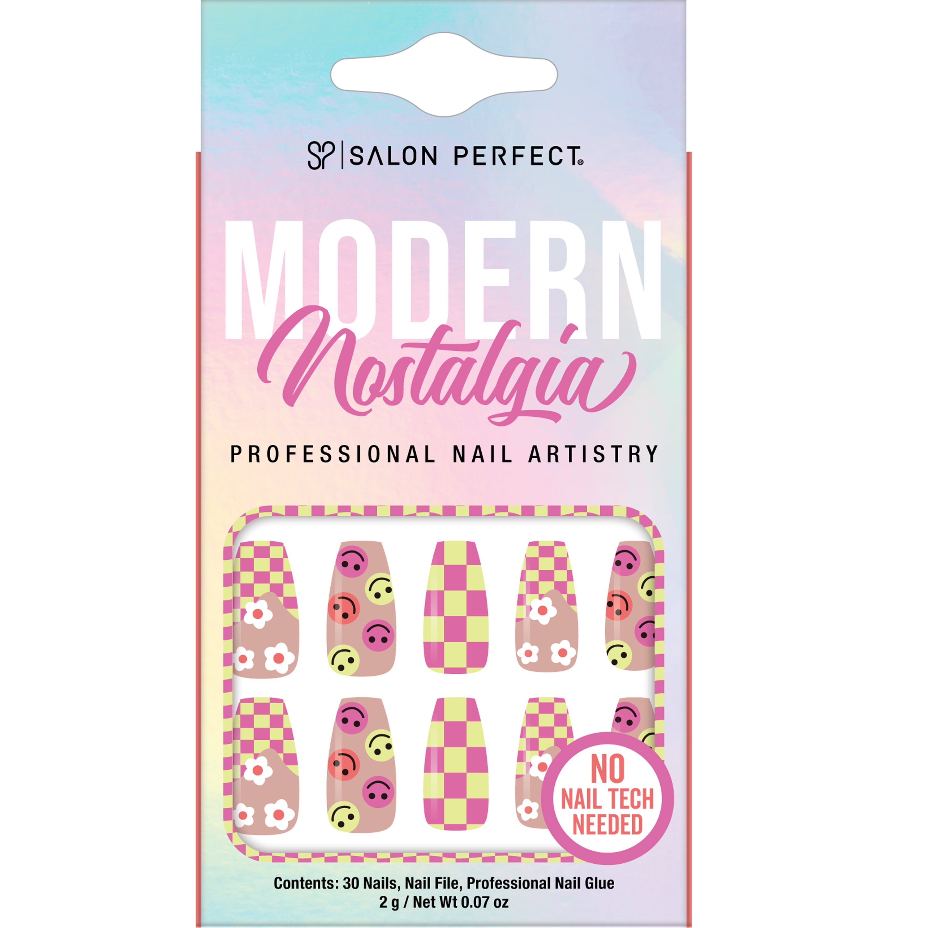 Salon Perfect Artificial Nails, 115 Modern Nostalgia Pink Checkers, File & Glue Included, 30 Nails