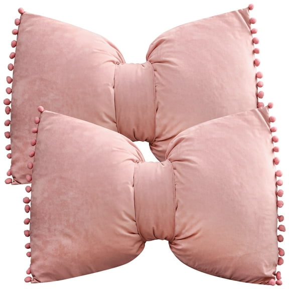 Bow Pillow Covers Set of 2, Pink Throw Pillow Cases with Decorative Ball Edges, Plush Material, 19.7 x 13.8 in for Home Office Decor