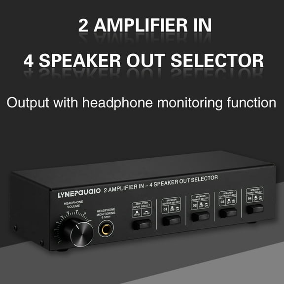 LYNEPAUAIO 2 in 4 Out Speaker Selector Switch Box 4 Zone Amplifier and Speaker Selector with Volume Control Banana Jack 6.5mm Earphone Jack