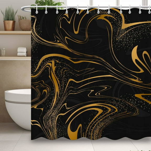 Modern Minimalist Style Shower Curtain, Black Gold Waterproof Shower Curtain, Simple Bathroom Decor with 12 Hooks