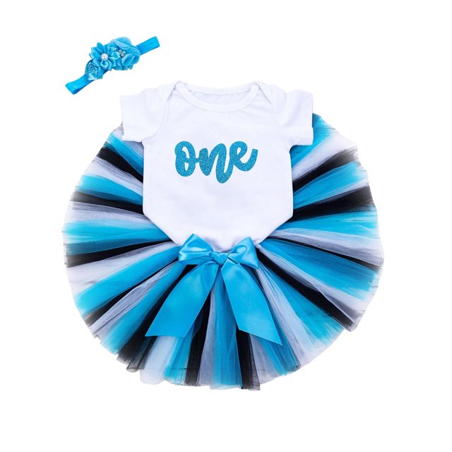 Birthday Outfit Baby Girls One Romper + Ruffle Tulle Skirt + Headband 3PC Clothes Set Blue 3-6 Months