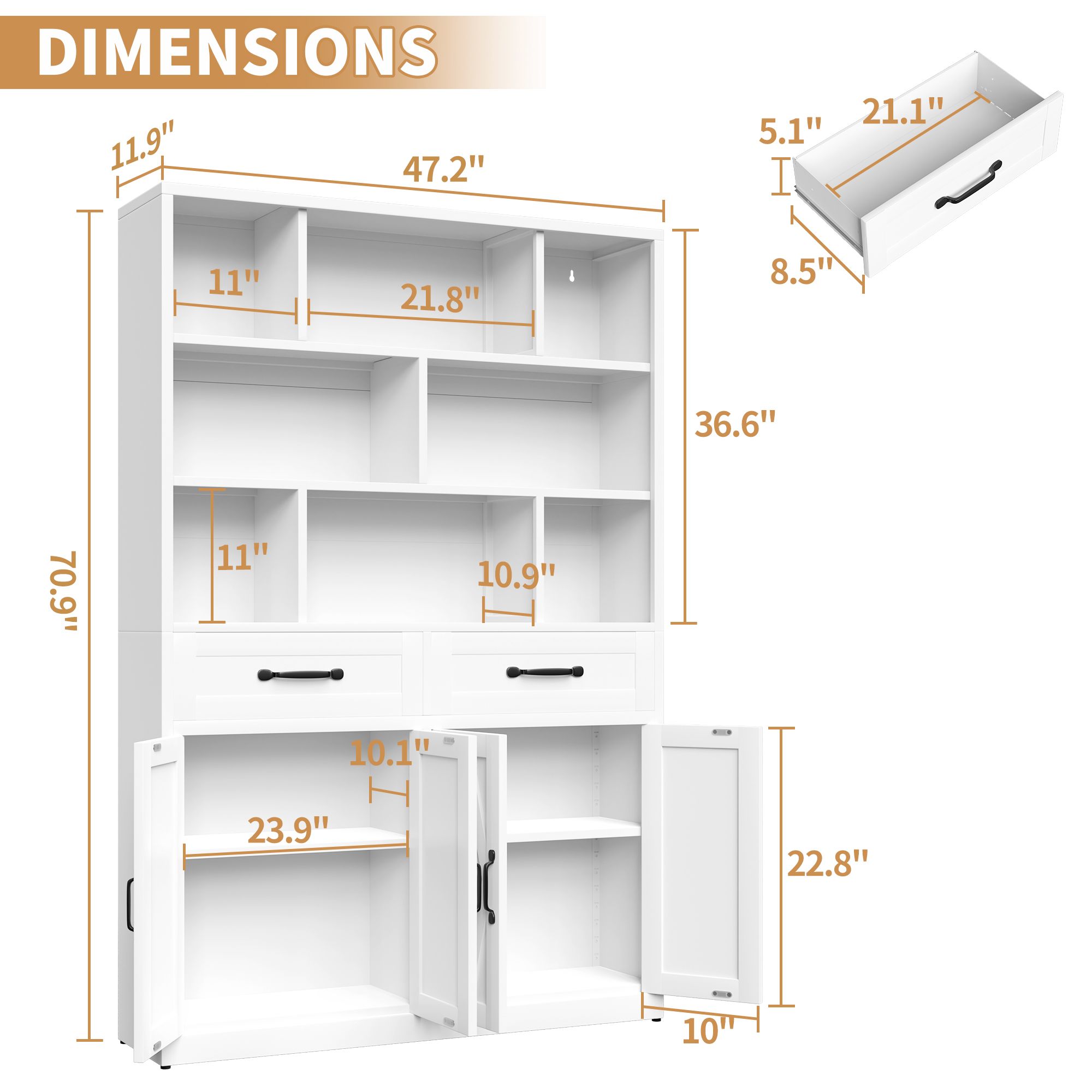 Decorative Bookshelf with Cabinets and Drawers, Freestanding Bookcase with Open Cubby Storage, Wooden Display Storage Cabinet for Home Office Bedroom Living Room