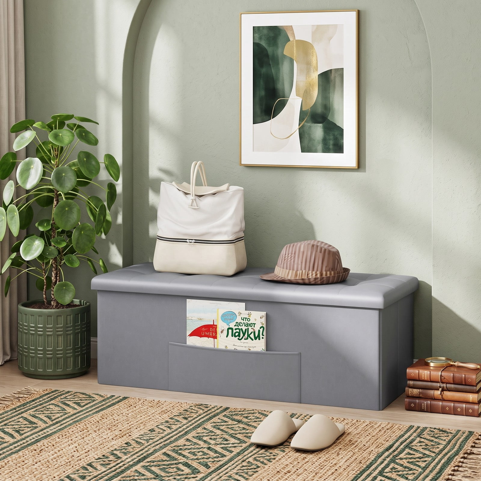 Furnibear 43 Inch Folding PU Leather Storage Ottoman Bench with Divider and Side Pocket for Living Room, Bedroom and Entryway, Gray