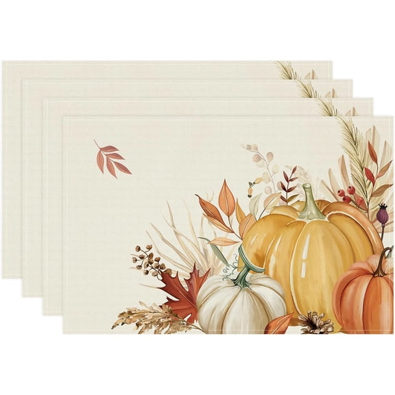 Pumpkin Leaves Fall Placemats Set of 4, 12x18 Inch Autumn Thanksgiving Kitchen Dinning Table Mats Washable Place Mats for Indoor Outdoor Home Party Decor