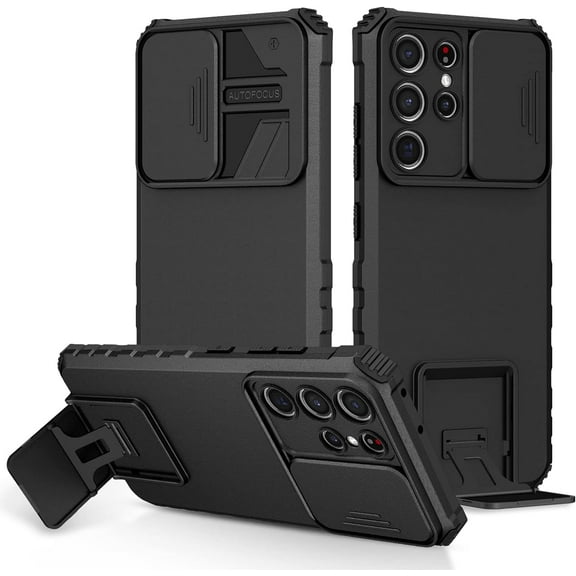 for Samsung Galaxy S21 Ultra 5G Case with Slide Camera Cover, Armour Silicone TPU Bumper Tough PC Cover with Kickstand, Military Shockproof Protective Phone Case for Samsung S21 Ultra Black