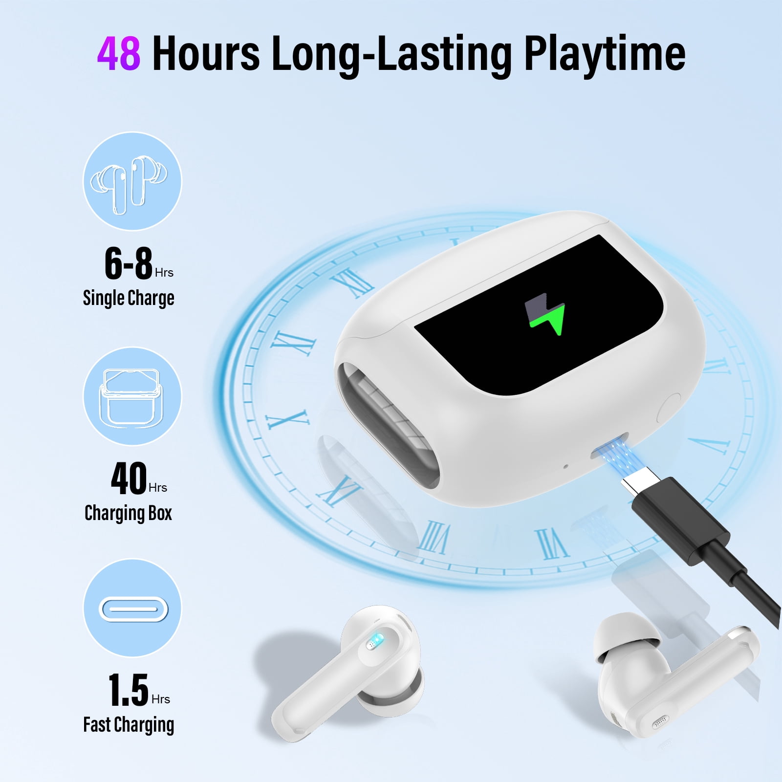 Touch Screen Wireless Earbuds, Bluetooth 5.4 Ear Buds with Multifunctional with ENC Noise Cancelling MicClear Calls Earphones, 48H Bass Stereo Headphones, IP7 Waterproof Headphones for Workout
