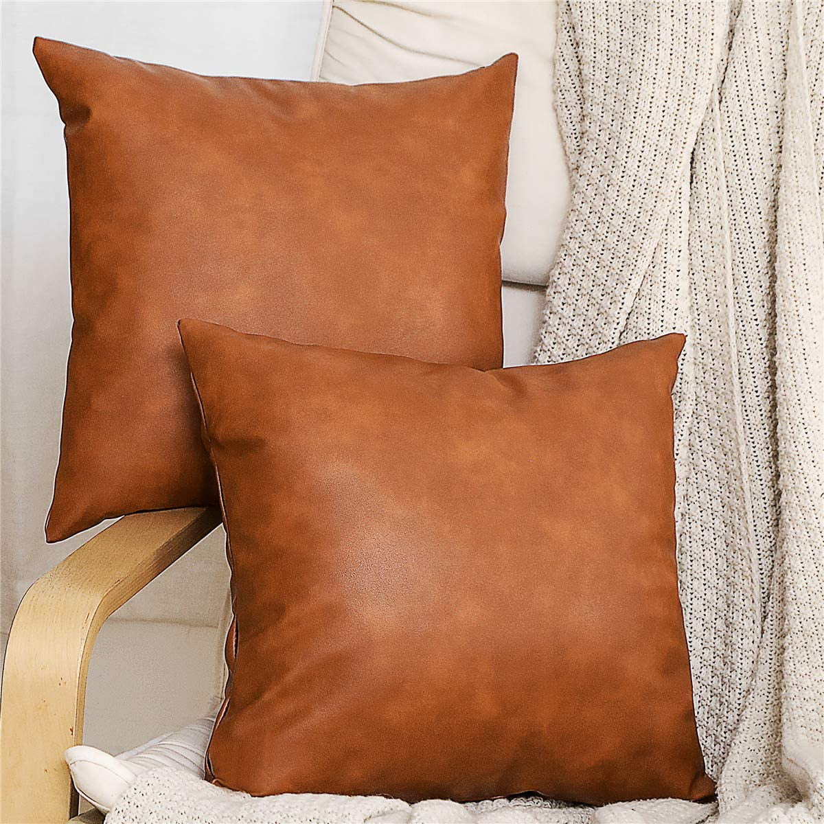 DecorX 2Pack Faux Leather Accent Throw Pillow Cover 18x18 inch, Modern Country Farmhouse Style