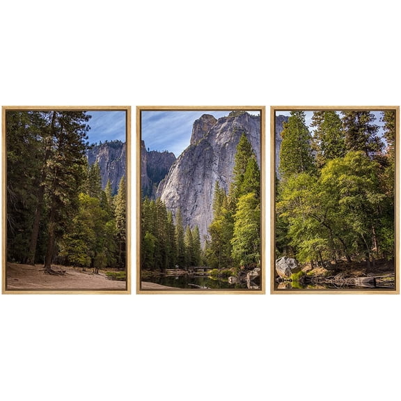 wall26 - 3 Panel Framed Canvass Wall Art - Majestic Natural Landscape Triptych Framed Canvass Series - Yosemite - Giclee Print Gallery Wrap Modern Home Art Ready to Hang - 16"x24"x3 Natural