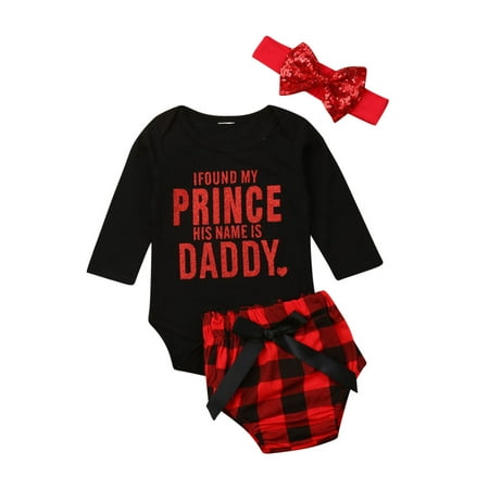 

EYIIYE Girls 3Pcs Letter Printed Long Sleeve Tops Red Black Plaid Triangle Shorts with Bow Headband Set