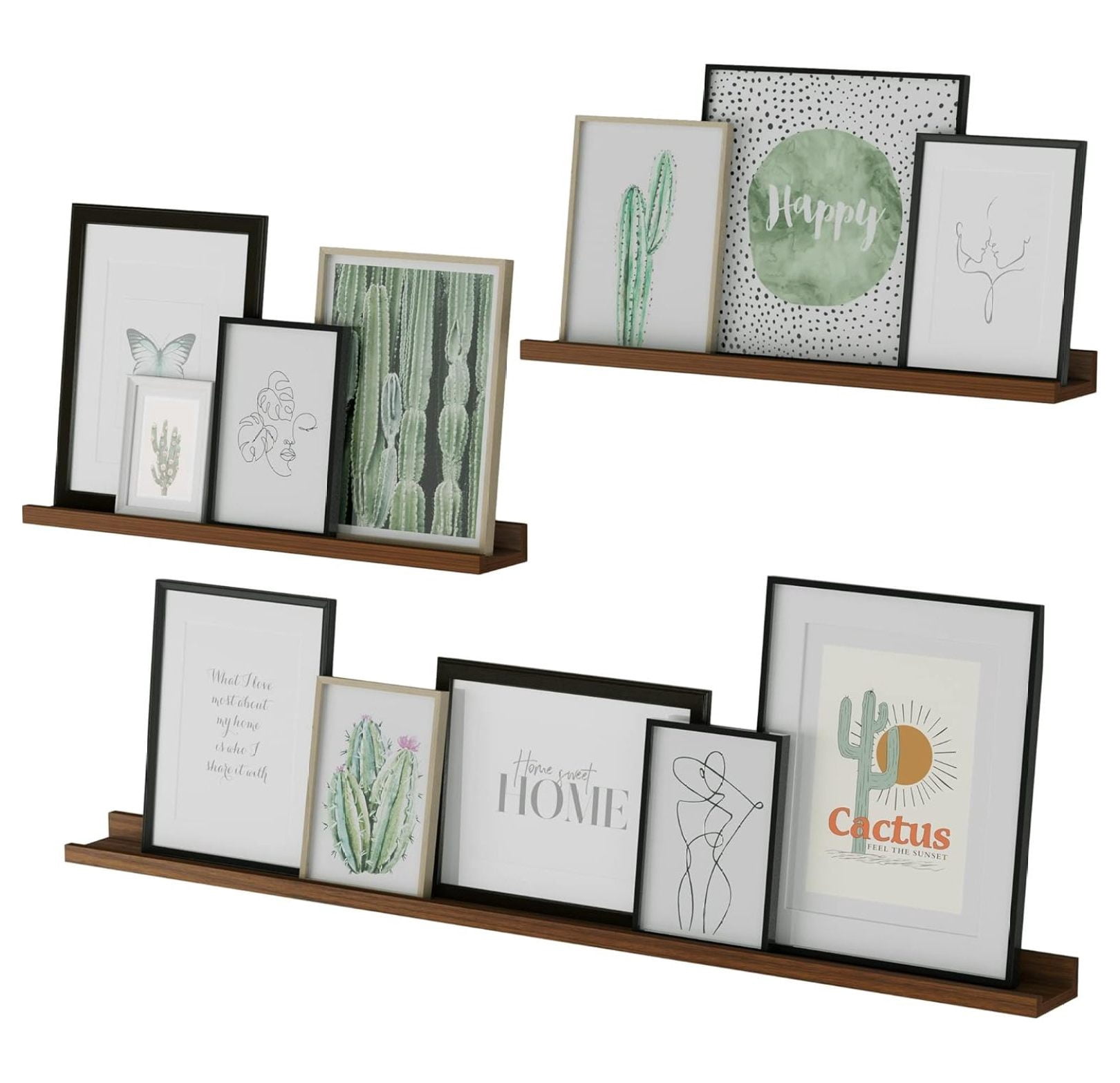 Floating Shelves Set of 3, Picture Ledge for Wall Decor - Walnut - Living Room, Bedroom, Office - Book Display, Multi Size
