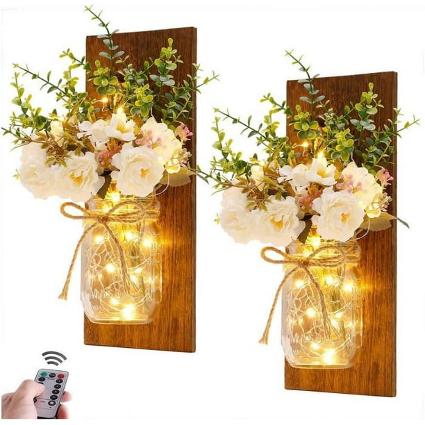 Apliques de pared rústicos en tarro de cristal, diseño colgante hecho a mano con control remoto, luces LED y peonía blanca, decoración de cocina rústica.
