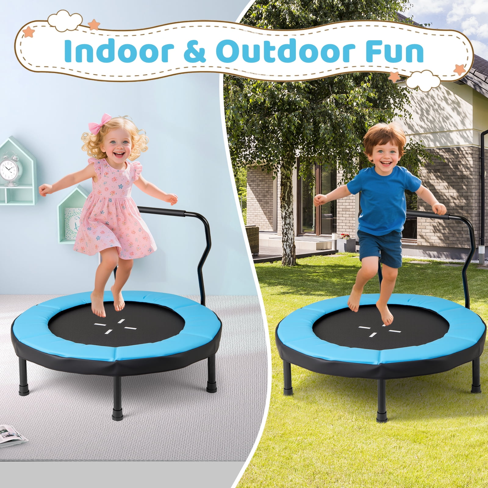 Gymax 40'' Trampoline for Kids Indoor/Outdoor Fitness Trampoline w/ Foam Handlebar Blue