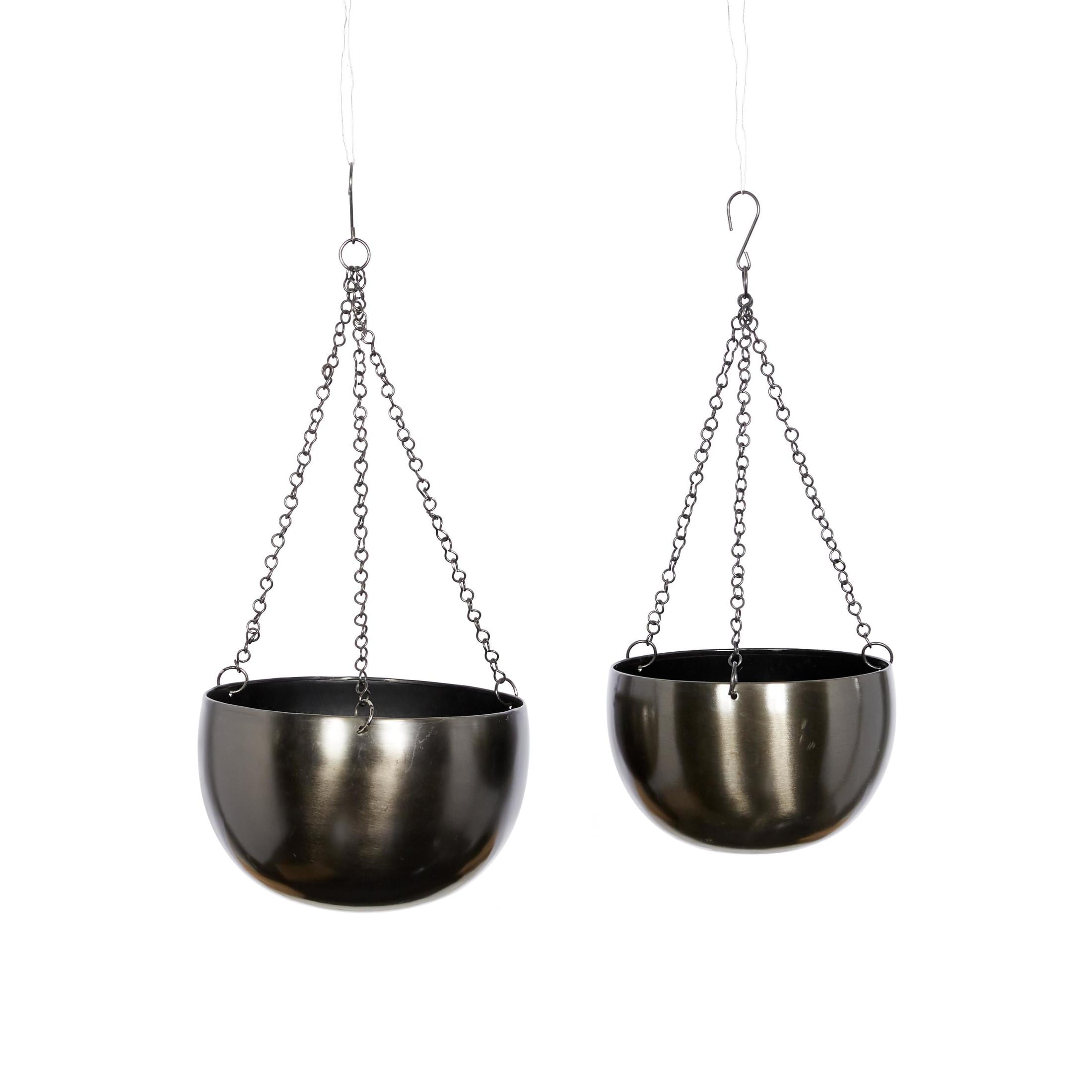 DecMode Glam Shiny Black Metal Bowl Shaped Hanging Planters with Three Chains, Set of 2 5",6"H