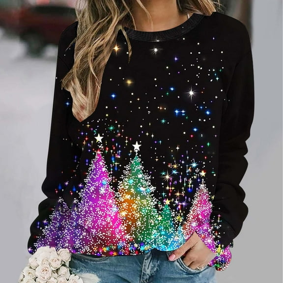 Fznquz Christmas Womens Tops Casual 2025 Fall Winter Sweatshirts Long Sleeve Multicolor Graphic Crewneck Clothes for Women