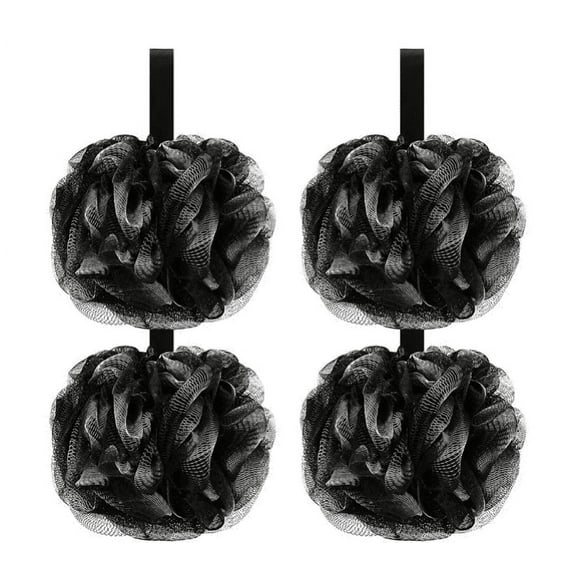 Topboutique Charcoal Bath Loofah Sponge, 4 Pack Black 60G Large Shower Mesh Ball Soft Pouf Body Scrubber, Exfoliate, Cleanse, Soothe Skin,Back Scrubber,Black
