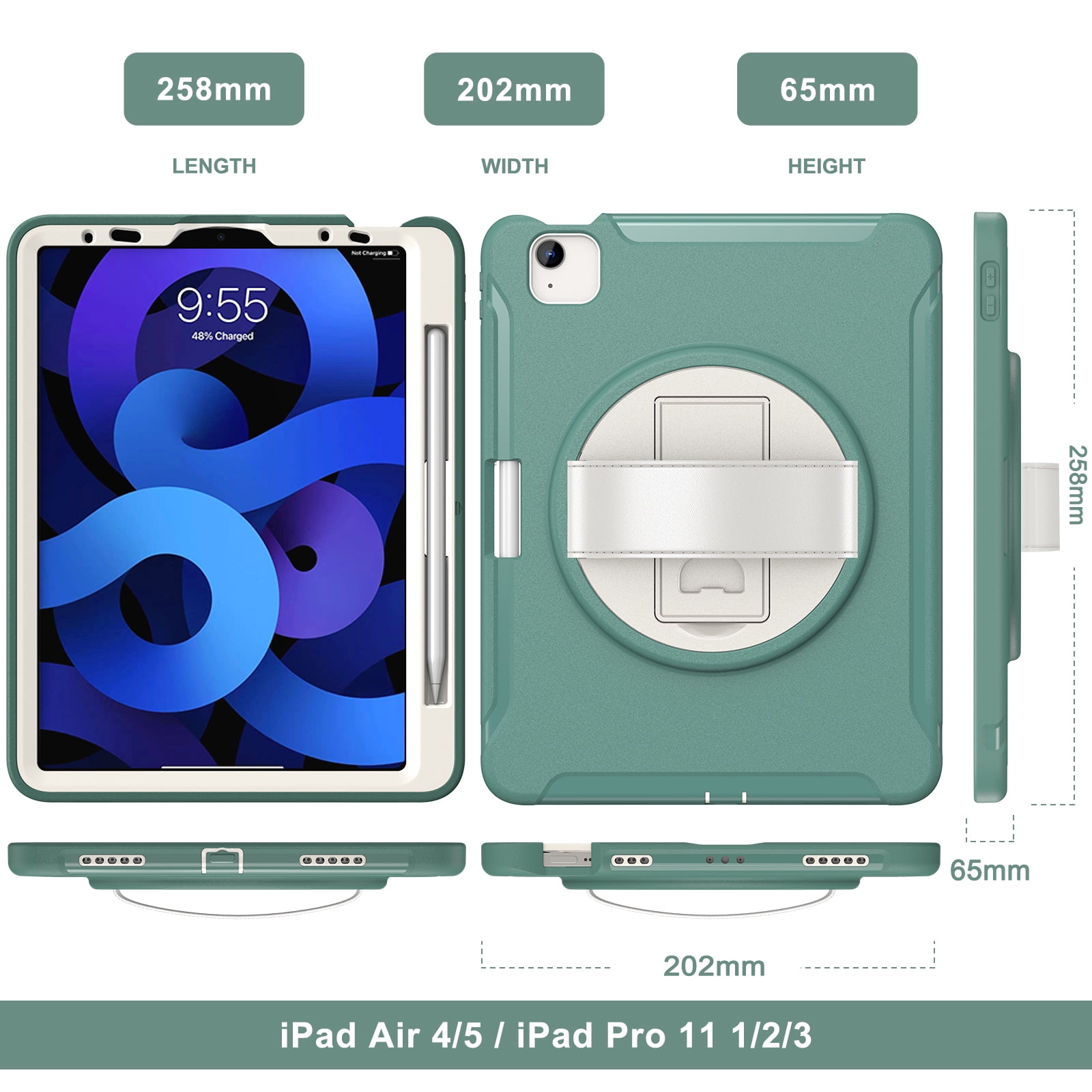 For iPad Air 11 Inch 2026/2025/2024 Case with Pencil Holder, Military Grade Shockproof Kickstand Handle Strap Anti-Scratch Kids Friendly Bumper Tablet Case Cover for Apple iPad Air 11" M4 M3 M2