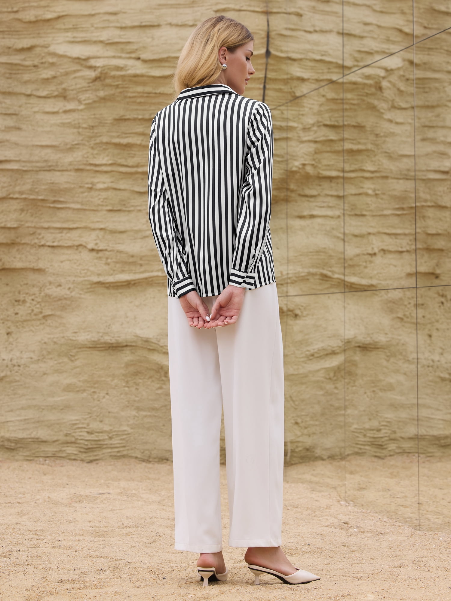 DARING DIVA Women's Satin Striped Shirt Long Sleeve Office Blouse 2XL Black White