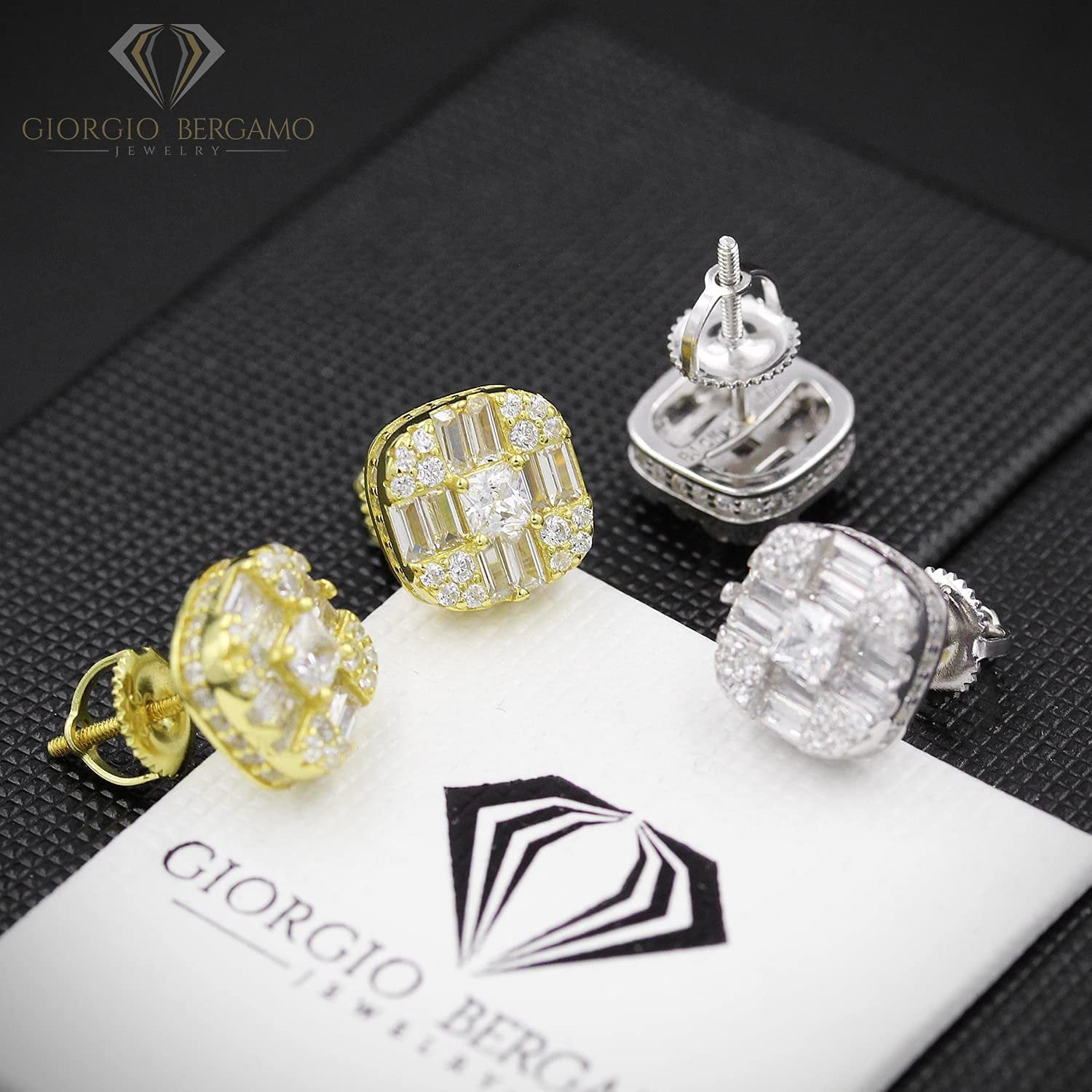 925 Sterling Silver Unisex Rounded Sqaure Princess Baguette 3D Screw Back Stud Earring, Men's, Women, Gold Plated Micro Pave CZ Cubic Zirconia, Giorgio Bergamo Silver