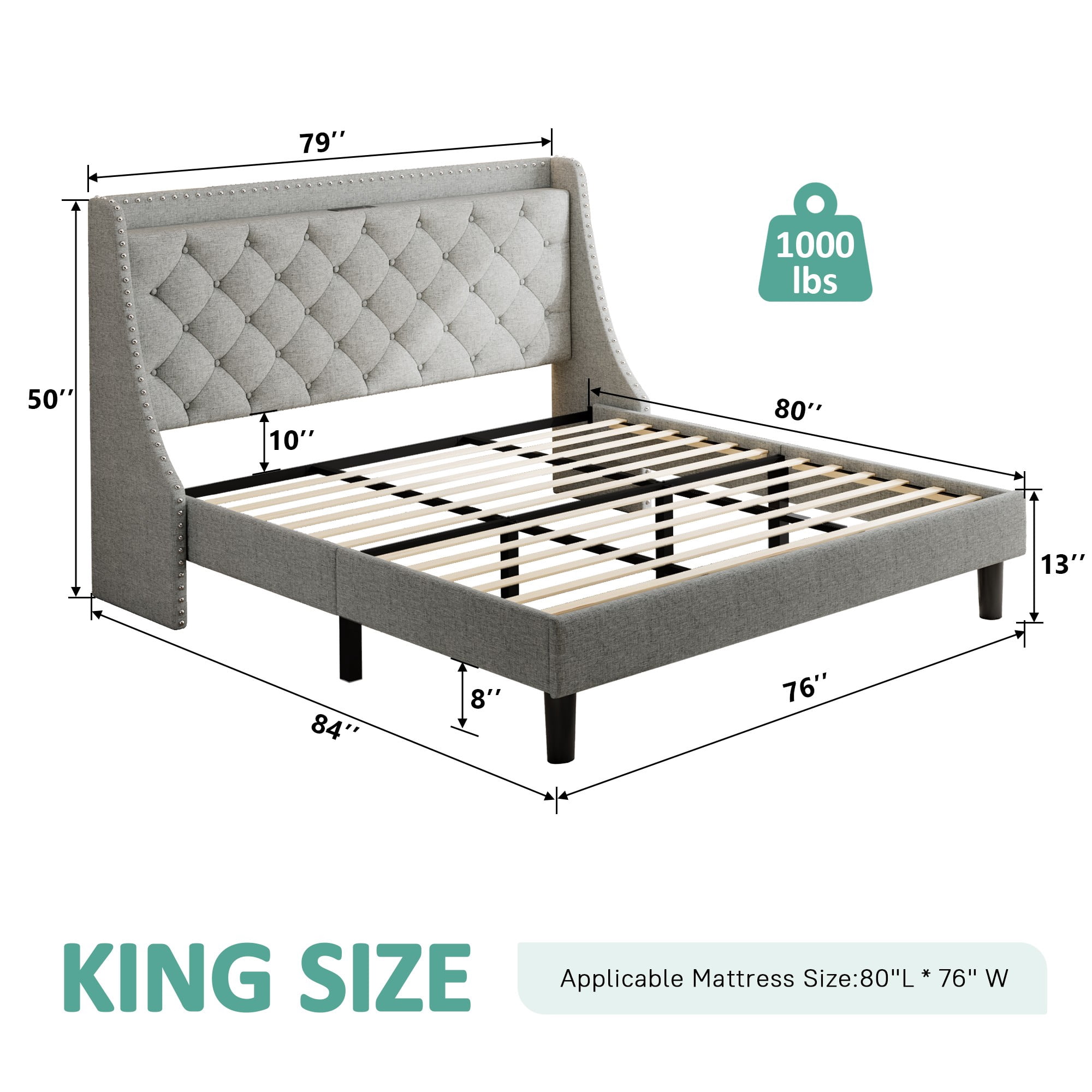 BSHTI King Size Platform Bed Frame with 16" Wingback Tufted Headboard, Built-in Charging Station (2 AC Outlets & 2 USB Ports), 12 Wood Slats, Gray