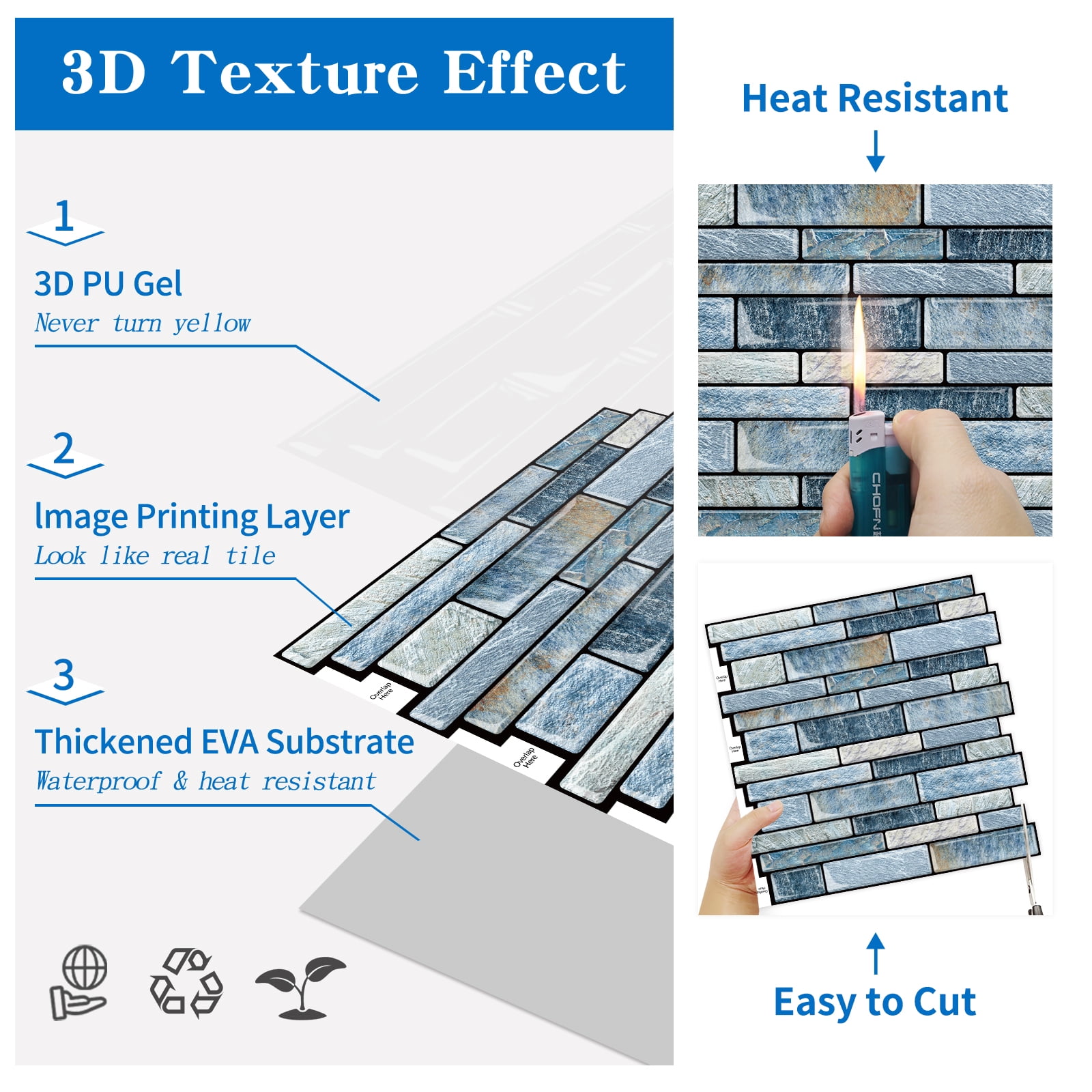 DEWOO 10 Sheets Peel and Stick Tile Backsplash, Stick on Wall Tiles, Self Adhesive Tile Sticker for Kitchen Backsplash and Bathroom(12"x12",Blue Marble)