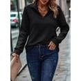 thumbnail image 6 of Womens Long Sleeve Quarter Zip Pullover Sweater Casual Loose V Neck Collared Ribbed Knit Jumper Tops Black XL, 6 of 9