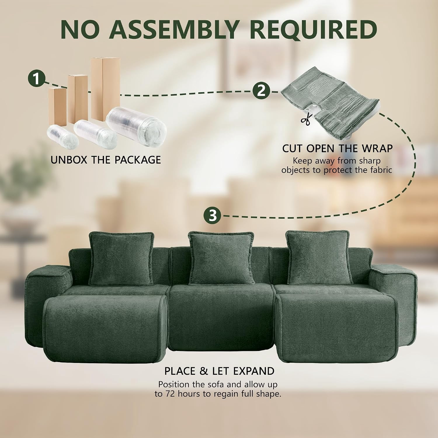 109" 3-Seat Modular U-Shaped Sectional Sofa, Green Velvet with 2 Movable Ottomans & Throw Pillows, No Assembly Required