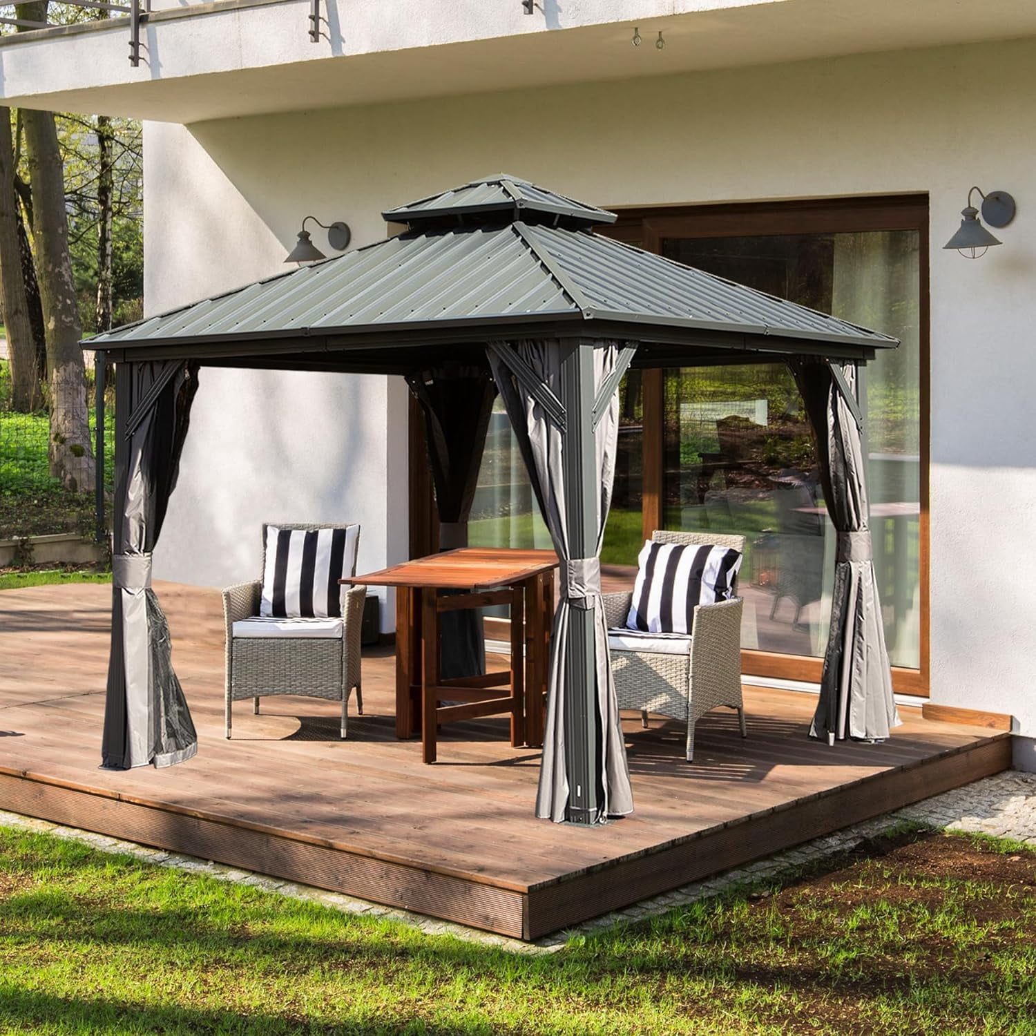 Domi 8’ X 8’ Hardtop Gazebo Canopy with Netting & Curtains, Outdoor Aluminum Gazebo with Galvanized Steel Double Roof for Patio Lawn and Garden, Gray