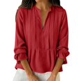 thumbnail image 2 of Endives Womens Cotton Linen Shirt Long Sleeve Shirt Button Down Shirts V Neck Pleated Casual Loose Blouses Roll Up Sleeve Shirt, 2 of 4