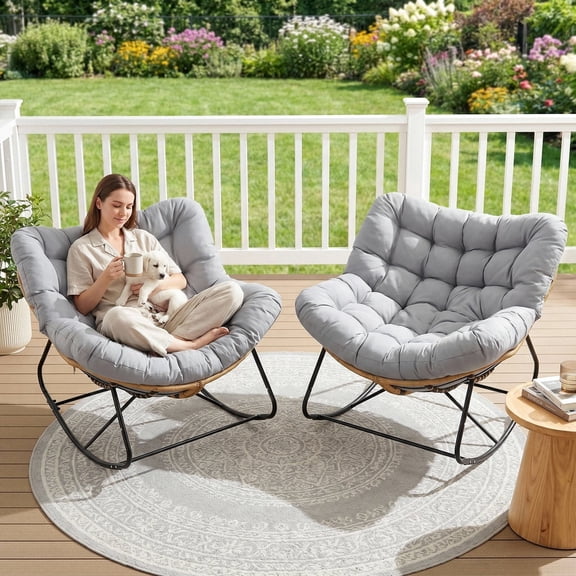 Arlopu 2pcs Oversize Papasan Rocking Chair with Cushion, Indoor Outdoor Wicker Egg Lounge Chair, Grey