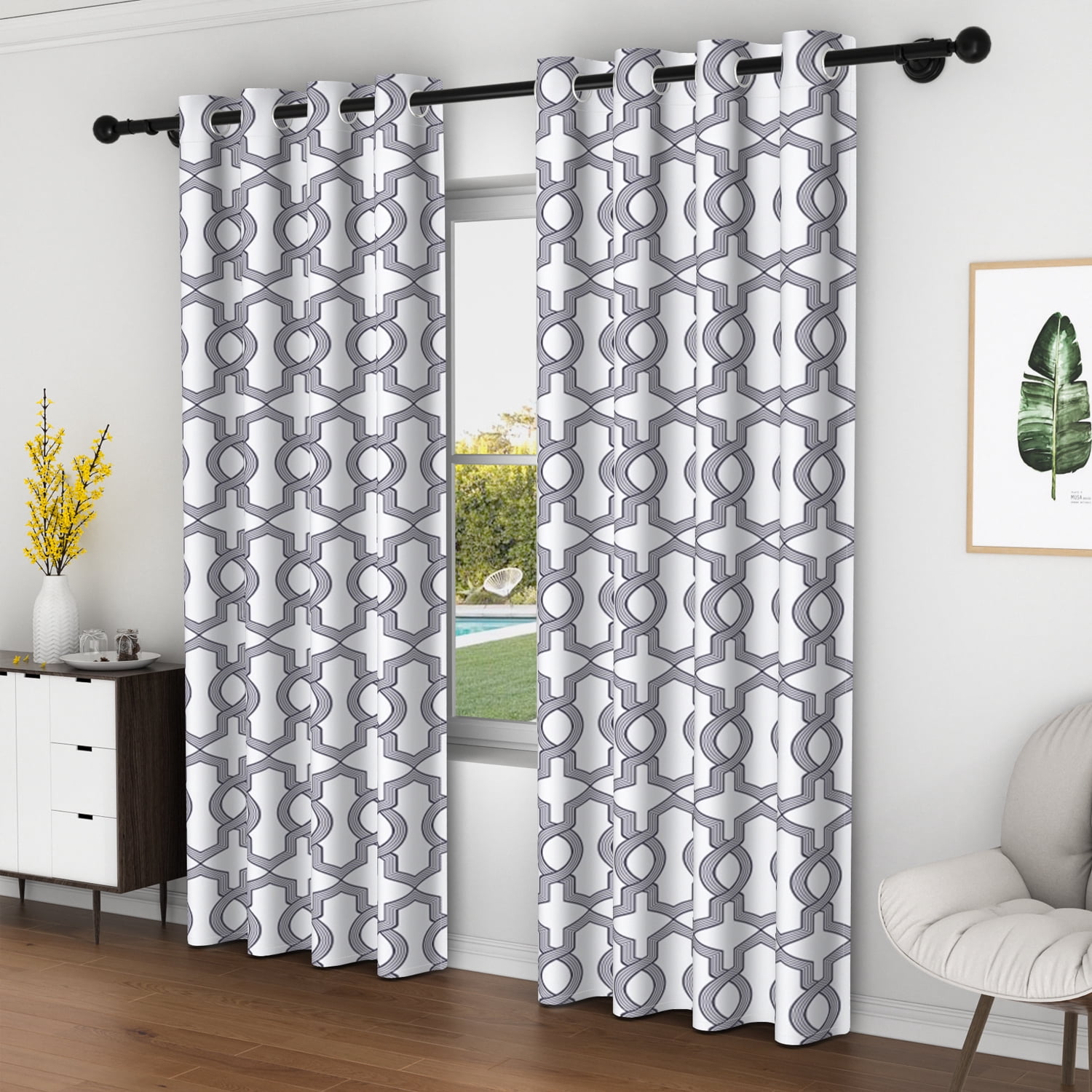 Lfeey Blackout Curtains for Bedroom, Plaid Black Geometric Pattern Curtains with Top Grommets, 42"x63", 2 Panels