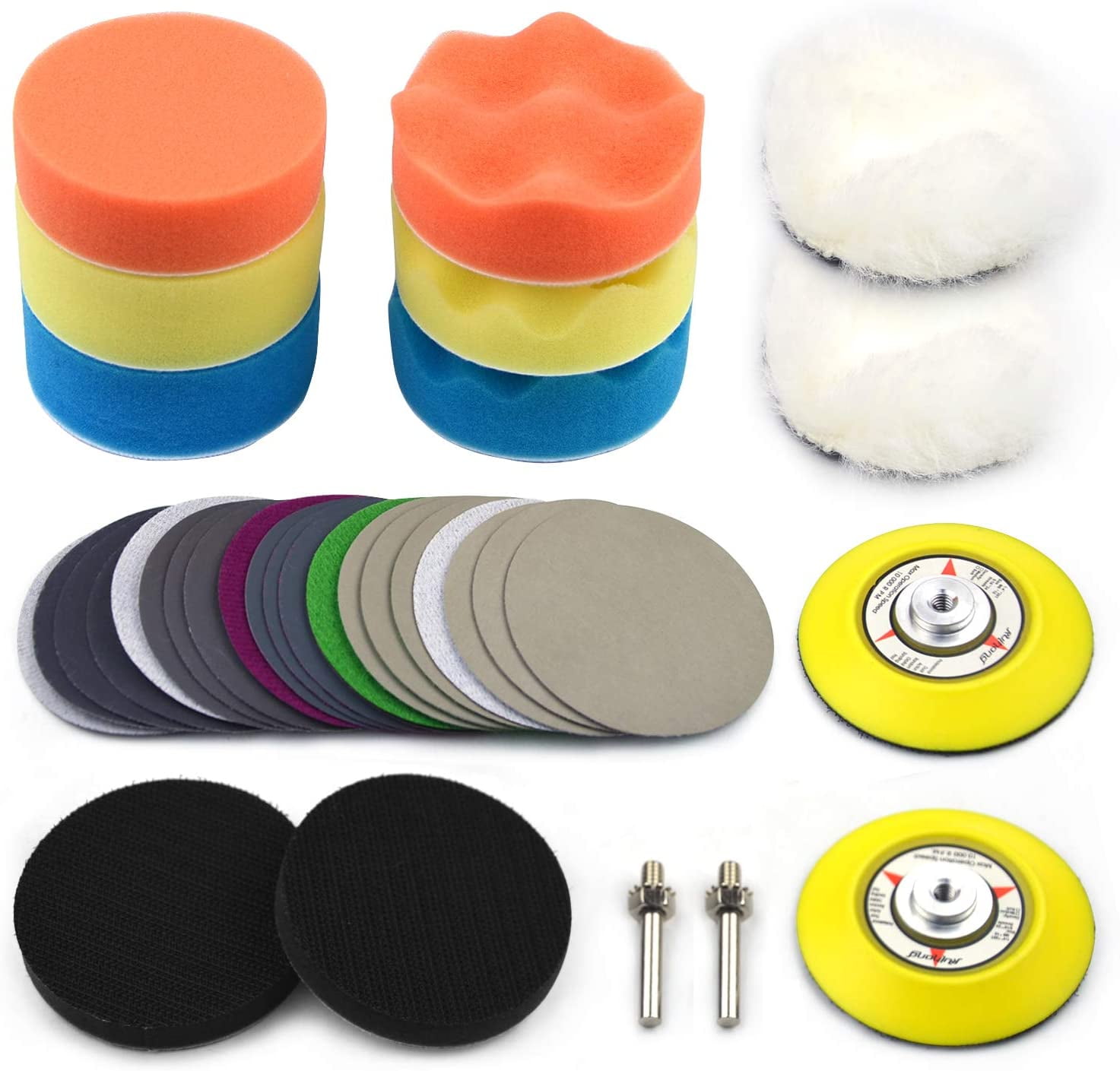 34Pcs 3 inch Car Buffing Sponge Pads Kit & Polishing Sanding Discs, with POLIWELL Woolen Buffer Pads for Waxing