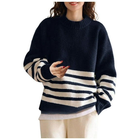 Women'S Sweaters, Turtleneck Sweaters for Women, Striped Long Tunic Pullover, Loose Knit Casual for Fall Winter